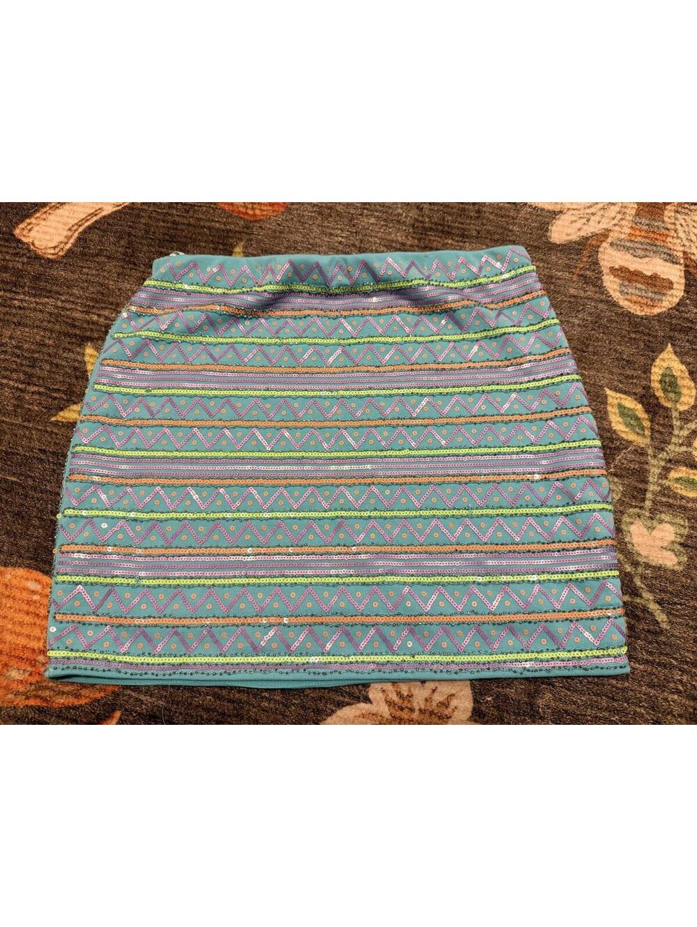 English Rose Beaded Bodycon Mini Skirt Women’s M Y2K Aztec Sequin Stretch Skirt